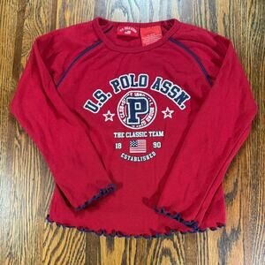 U.S. Polo Assn. Girls Red Long Sleeve Graphic Top Lettuce Trim Vintage Size 4T